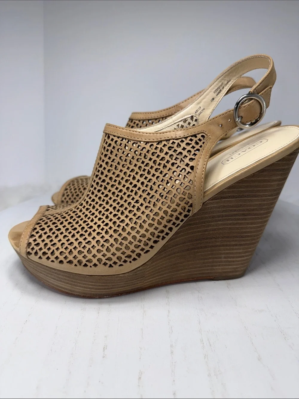 Coach Tan Perforated Leather Slingback Wedge Sandals